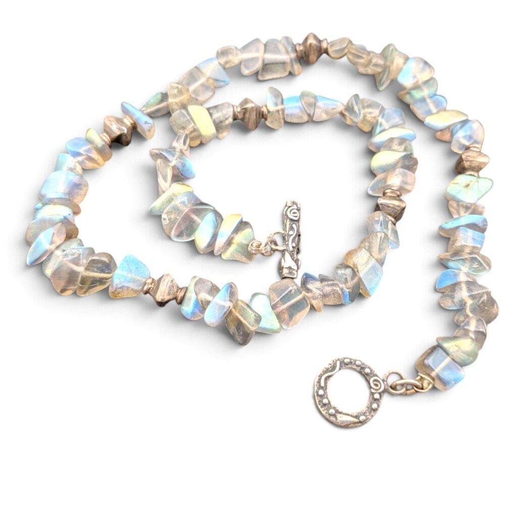 Iridescent Stone Look Chip Bead Necklace Blue Green Flash Toggle Clasp 16"